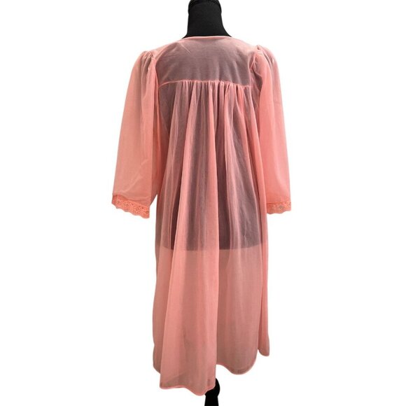 VINTAGE 1950s 60s PINK CORAL CHIFFON SHEER ROBE Size Med - Picture 2 of 4
